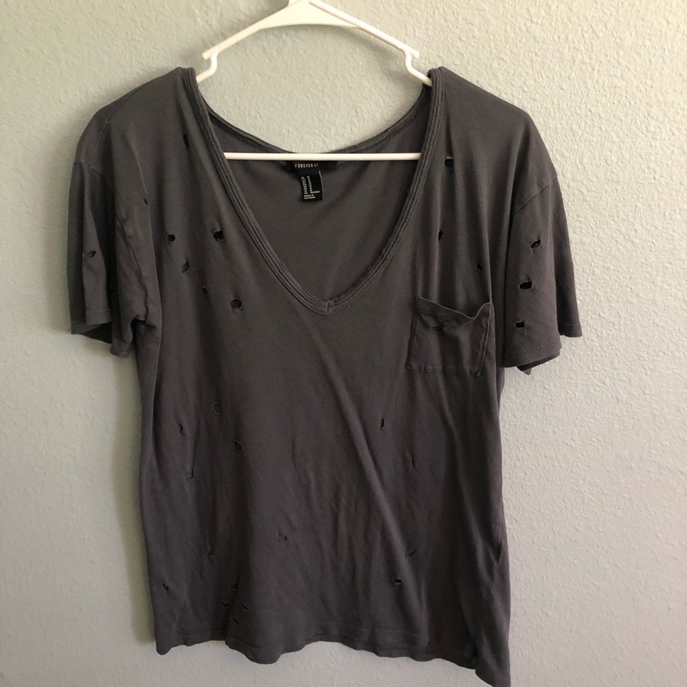 Distressed Gray Forever 21 Tee with Pocket
